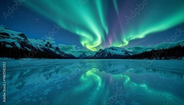Obraz AI-generated stunning aurora borealis over icy lake and mountains in a clear night sky