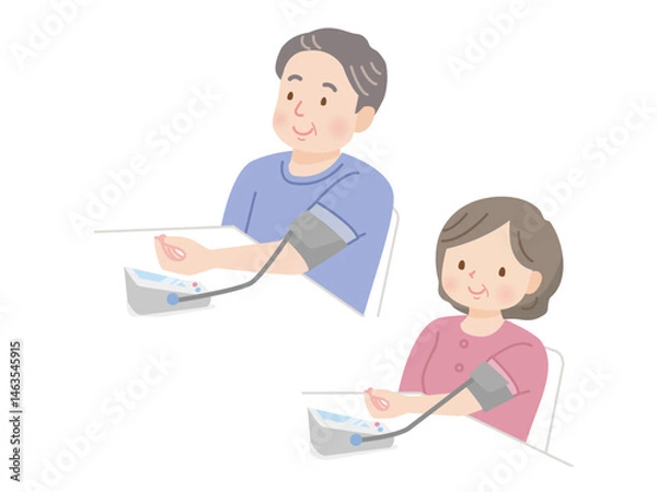 Fototapeta 血圧を測るふくよかなミドル夫婦