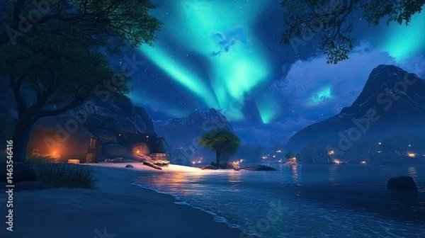 Fototapeta Night scene: coastal cabin, aurora borealis, tranquil waters.