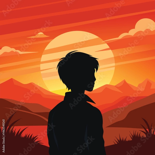 Fototapeta Silhouette Man Watching Sunset Over Mountains – Vector Art