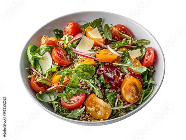 Fototapeta Fresh Colorful Salad with Cherry Tomatoes, Quinoa, Spinach, Onions, and Cheese in White Bowl on Light Background