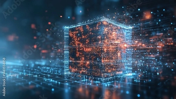 Fototapeta A digital cube breaking apart into binary code, high-tech digital transition