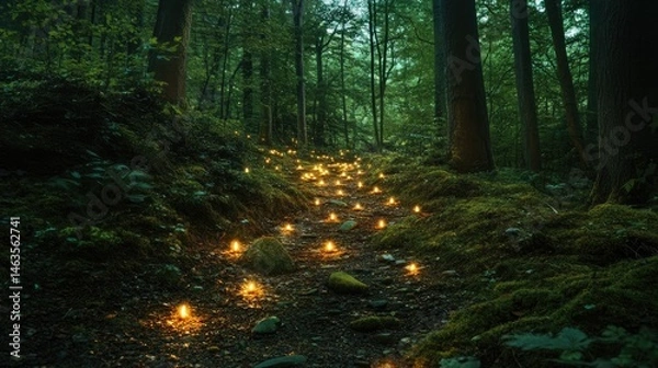 Fototapeta Enchanted forest path, glowing lights guide way.