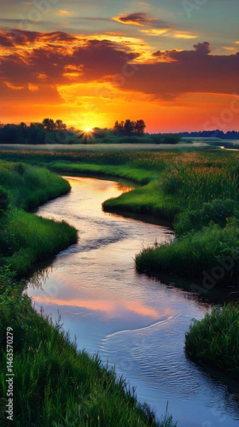 Obraz Golden Tranquility: Sunset Reflections and Nature's Symphony along a Meandering River