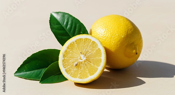 Fototapeta Fresh Lemons Still Life with Leaves on Neutral Background