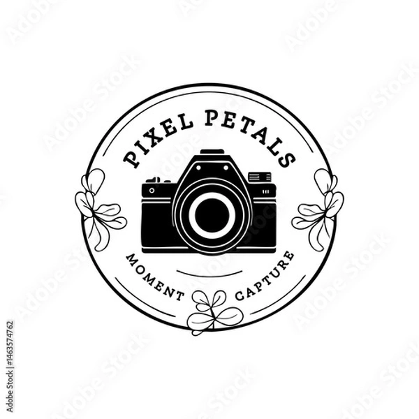 Fototapeta Pixel Petals Moment Capture logo features a camera surrounded by floral elements, suggesting a photography business focused on capturing beautiful moments. Layered EPS Vector