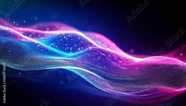 Obraz Abstract Particle Wave, Digital Energy Background, Glowing Particle Flow, Pink Purple Blue Dots, Dynamic Particle Art, Abstract Digital Wave, Glowing Wave Background, Particle Effect Art

