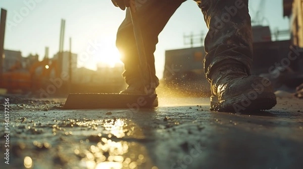 Fototapeta Construction Worker Sweeping Debris at Sunset
