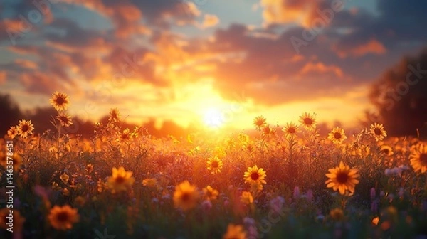 Fototapeta A beautiful sunset over an open field of wildflowers, with the sun casting warm hues across the sky and illuminating vibrant colors in the petals of flowers like daisies
