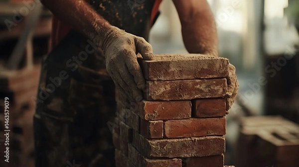 Fototapeta Construction Worker Laying Bricks