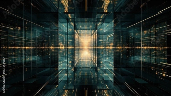 Fototapeta Abstract corridor; glowing lines, dark glass, futuristic.