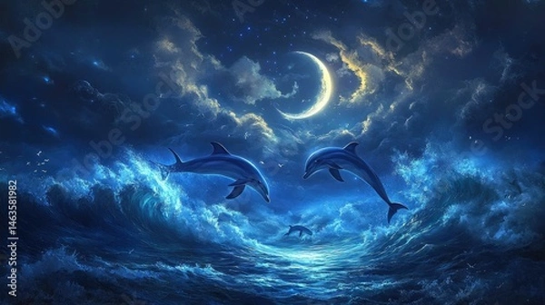 Fototapeta Ocean waves, crescent moon, two leaping dolphins, night sky.