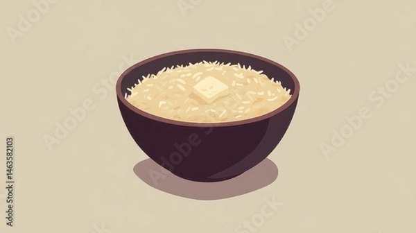 Fototapeta Illustration of rice porridge in a bowl with butter on top simple food scene on neutral background