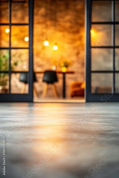 Obraz Interior view of dining room with table and chairs seen through doorway from floor level in modern home