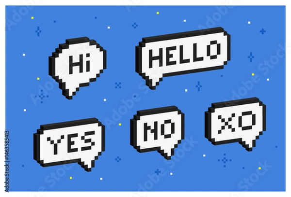 Obraz Set of 3d pixel speech bubbles. Isometric 8 bit message boxes. Volumetric mosaic chat messages. Cyber 3d chat box signs