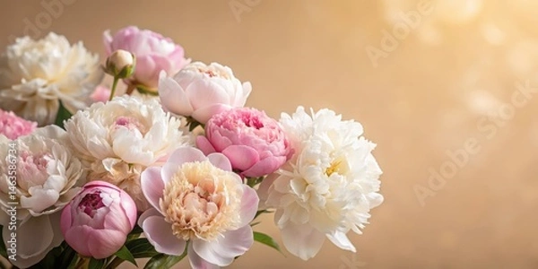 Obraz Soft focus on pastel pink and white peonies against a warm beige background, pastel colors