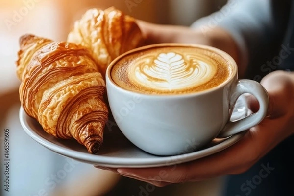 Fototapeta Holding Plate with Croissants and Latte Art Coffee in White Cup Close Up Overhead Cafe Scene