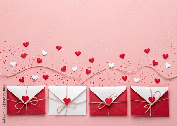 Fototapeta Red and white envelopes with heart decorations on a pastel pink background evoke a romantic valentines day theme