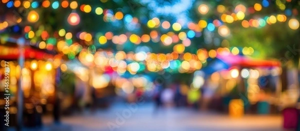 Obraz festive ambience captured through blurred lights adorning a bustling urban promenade at twilight, casting a warm, inviting glow on the surrounding structures and hinting at a vibrant city life