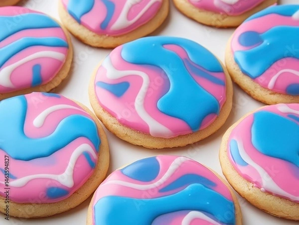 Fototapeta Close-up of colorful sugar cookies with pink blue and white icing on white background overhead studio shot