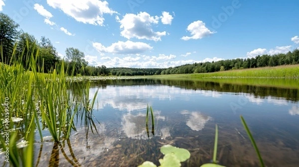 Obraz Serene Wetlands Reflecting Clouds and Greenery Under Blue Sky