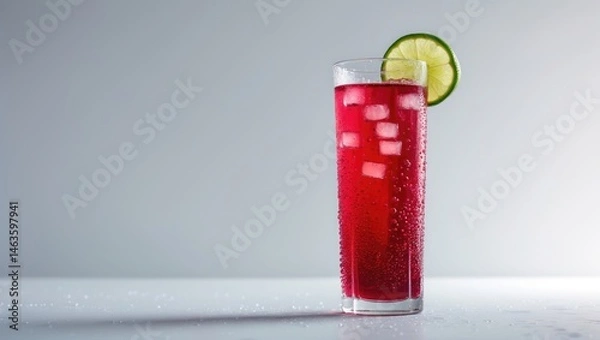 Fototapeta Chilled tall glass of Cranberry juice with lime and ice isolated on a white surface