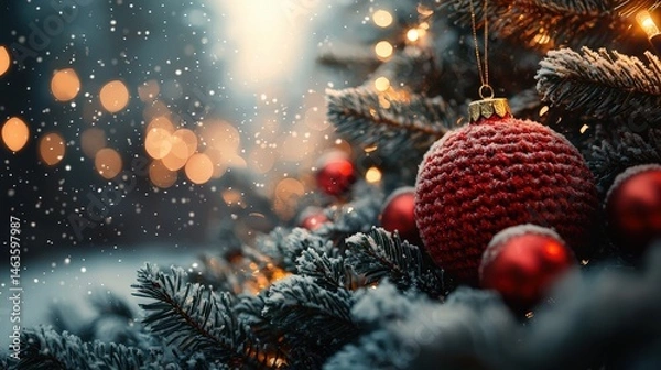 Fototapeta Christmas tree decorated with red balls and knitted toys in forest in snowdrifts in snowfall