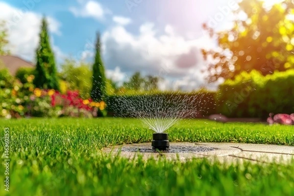 Fototapeta Automatic sprinklers spraying water on a green lawn in a well-maintained garden on sunny day