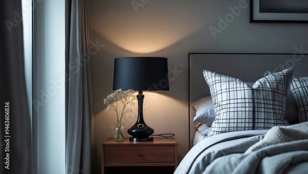 Fototapeta Traditional lamp and vase of flowers on wooden bedside table in bedroom setting