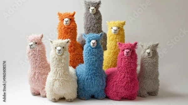 Fototapeta Nine Colorful Stuffed Llamas in Pyramid Formation on White Background - Soft Plush Toys in Various Hues