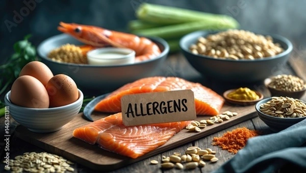 Fototapeta Allergen labels for common food ingredients such as egg, milk, soy, peanuts, fish, seafood, wheat flour, mustard, celery, oats