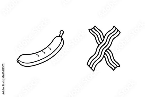 Fototapeta Simple black and white illustration featuring sausage and bacon strips isolated on a white background