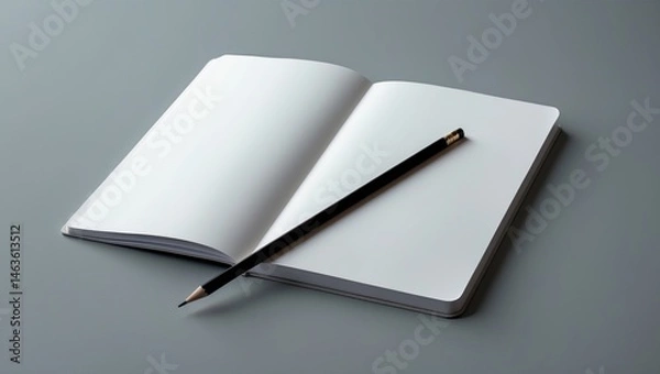 Fototapeta Book and pencil flat lay with blank pages on clean background