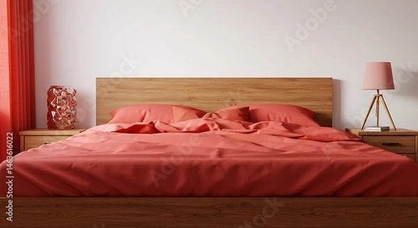 Fototapeta a wooden bed against a clean white wall, subject on the left with copy space on the right, crystal clear style with dazzling red tones. ,isolated on bright background, no text ,copy space