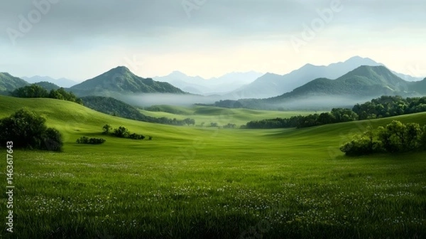 Fototapeta Pastoral countryside scene with rolling green hills and hazy meadows