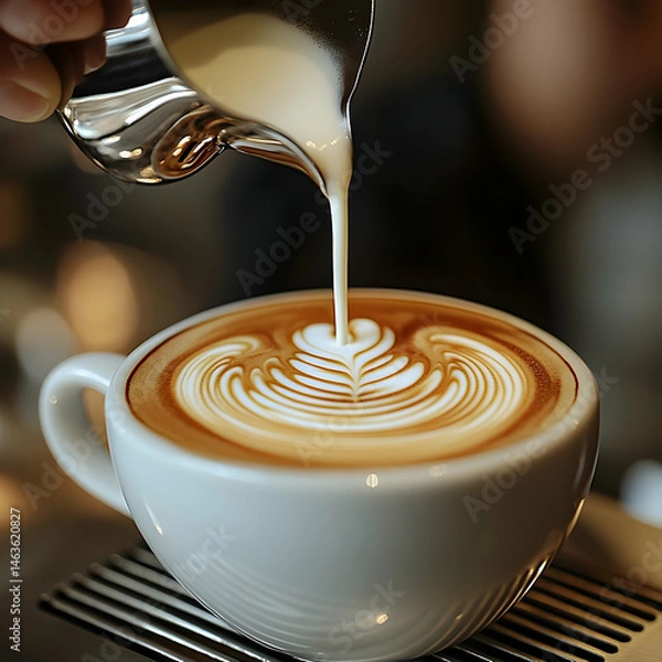 Obraz Coffee latte art creation in a white cup closeup overhead view