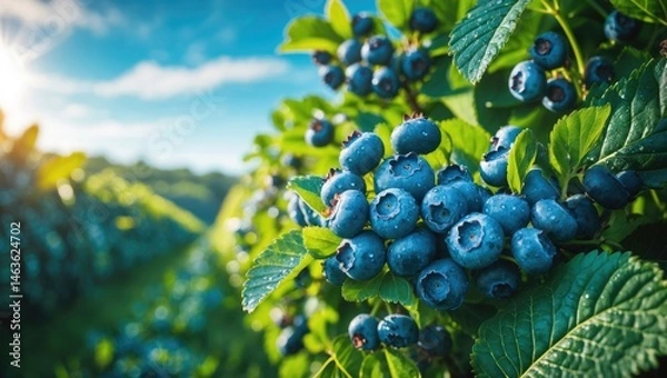 Fototapeta Harvest-ready Blueberry Crops in a Farm Field Featuring Green Leaves and Fresh Produce