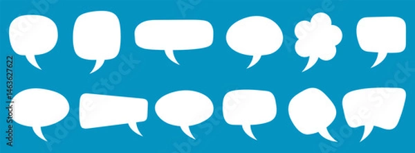 Fototapeta Flat white speech bubbles set on blue background. Blank comic dialog balloons collection for messages, comics, stickers, chat, design elements, social media, blogs and communication projects