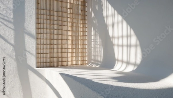 Fototapeta Empty white wall featuring bamboo shadows, perfect for adding text