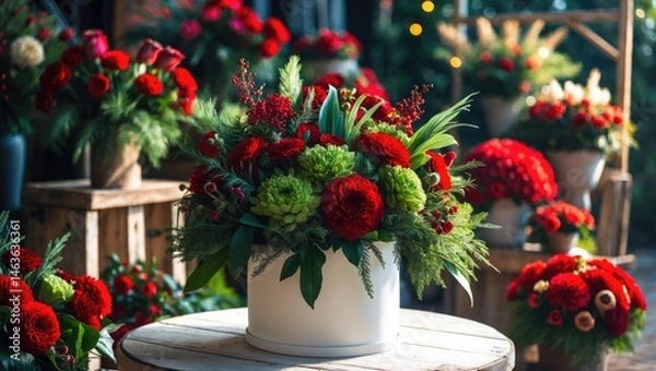 Fototapeta Festive floral display featuring blooms and greenery in a box on table