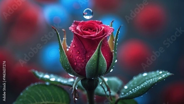 Fototapeta Delicate flower bud paired with a beautiful rain drop