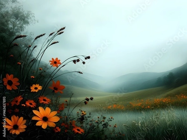 Obraz Pastoral scene of rolling hills and vibrant wildflowers