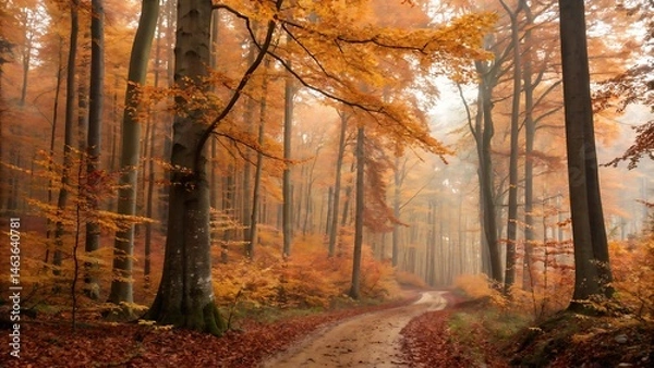 Fototapeta Autumn forest with a dense, golden-hued landscape, capturing the vibrant fall colors and tranquil atmosphere, perfect for nature photography, seasonal art, and outdoor visuals