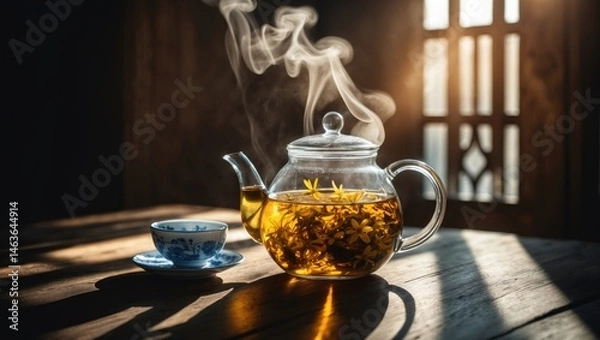 Fototapeta Teapot containing chamomile tea