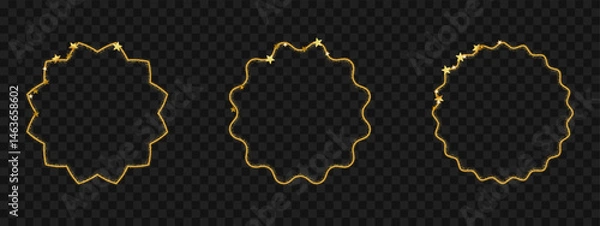 Fototapeta Golden glitter circle with wavy edge and stars. Elegant thin frame for celebration template or badge.Vector illustration on transparent background