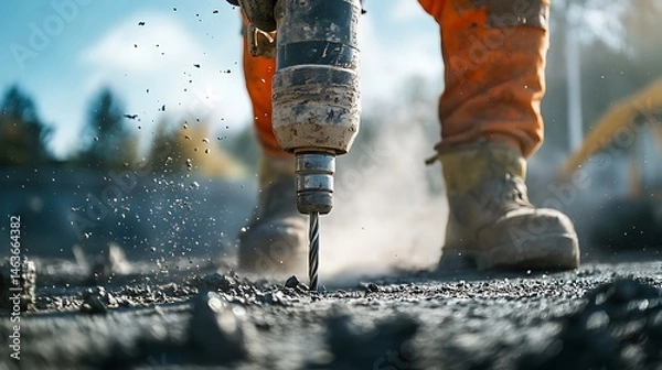 Fototapeta Construction Worker Using Jackhammer on Asphalt
