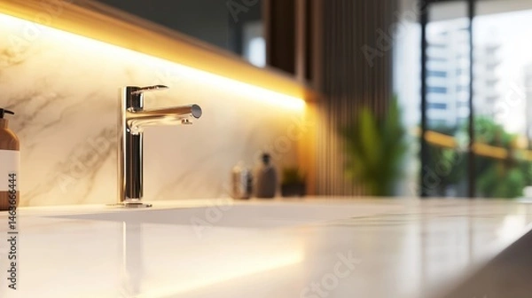 Fototapeta Modern bathroom sink with sleek faucet, marble countertop, and urban view through window