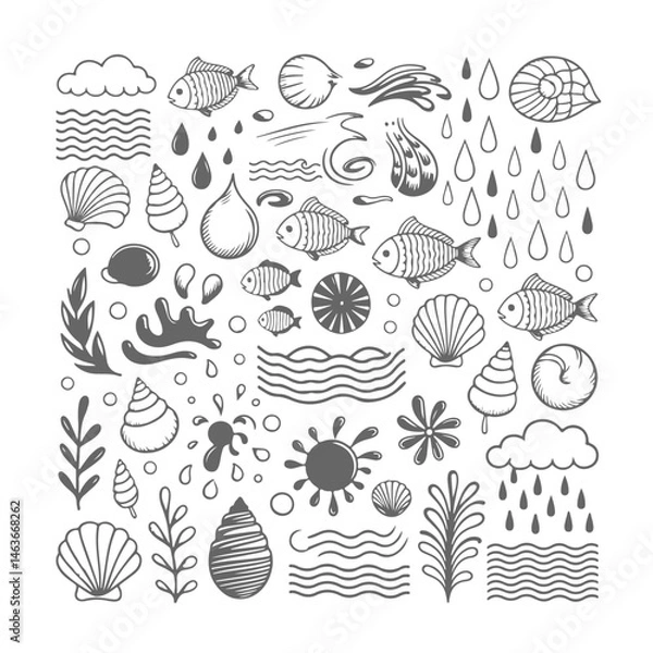 Obraz Set of ocean themed doodle on white background. Hand drawn abstract doodle isolated on white background.