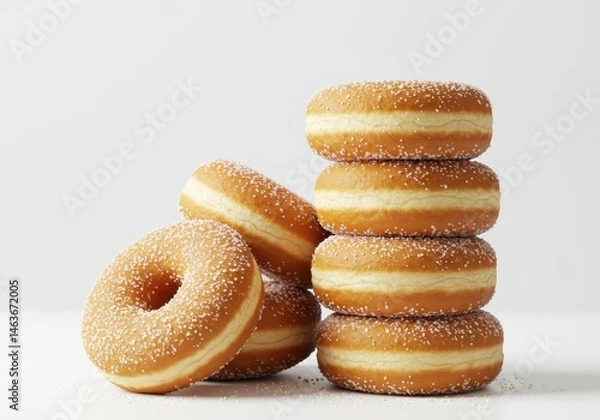Fototapeta Stack of sugared donuts with a white filling and a few scattered around on a white surface, against a white background