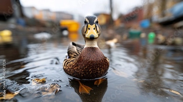 Obraz Ducks Paddle Through Polluted Wetland Waters Surrounded by Waste